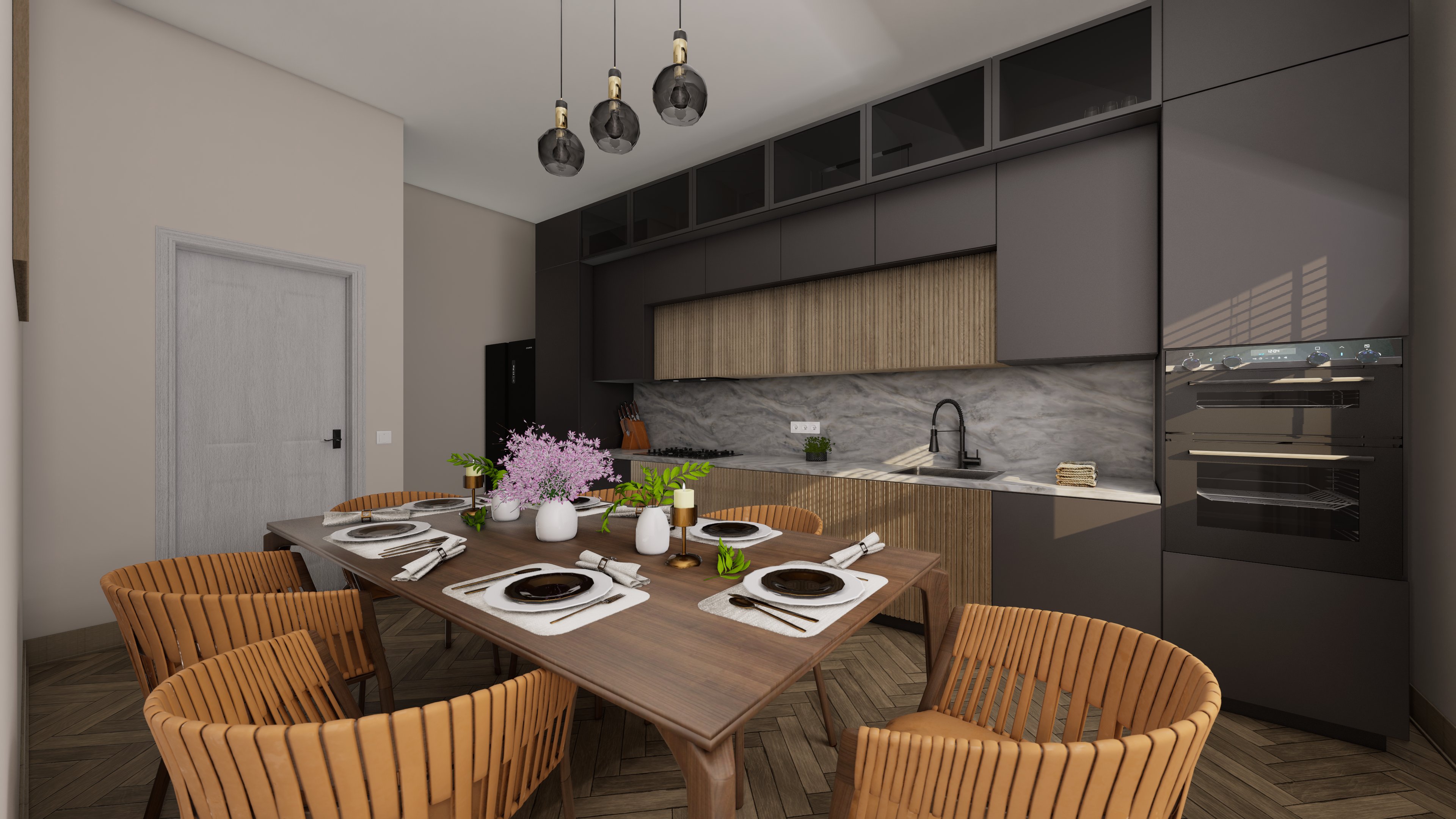 Dark kitchen dining 3D visualization by NovaViz3D